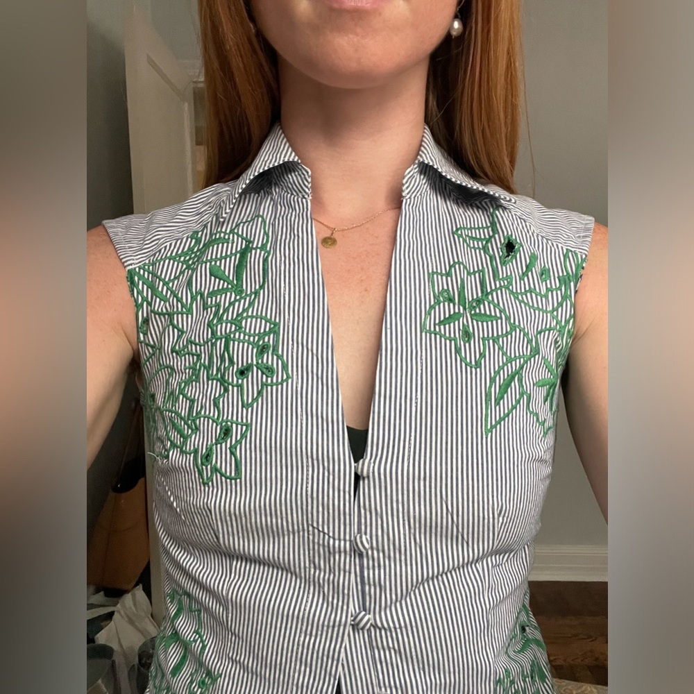 Pinstripe and Embroidered Maeve Sleeveless Collared Top (NEVER WORN/ NWT)